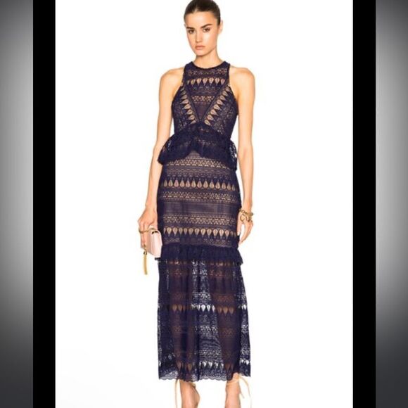 New SELF-PORTRAIT Teardrop Guipere Paneled Maxi Dress Navy Size 0
